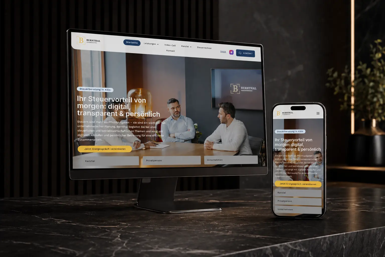 Website-Mockup der Bernthal Steuerberatung auf Desktop und Smartphone